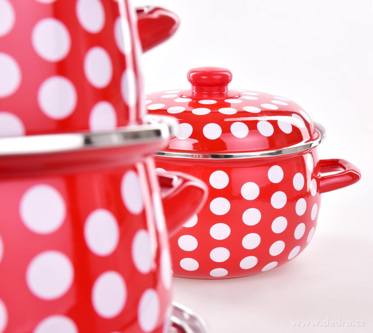 RUSTICAL | 6d├şln├í sada smaltovan├Żch silnost─Ťnn├Żch hrnc┼» s poklicemi | ─Źerven├ę s punt├şky - obr├ízek 3 | Hrnce a pek├í─Źe | Grand M├│da