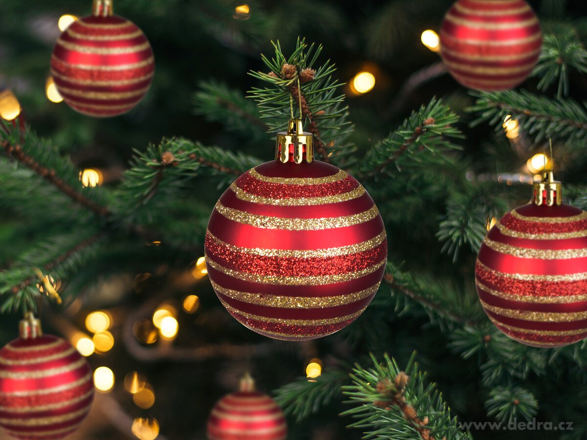 VÁNOČNÍ GALAXIE, sada ozdob, 6 ks, červené koule se zlatými pruhy – náhled 3 | Grand Móda