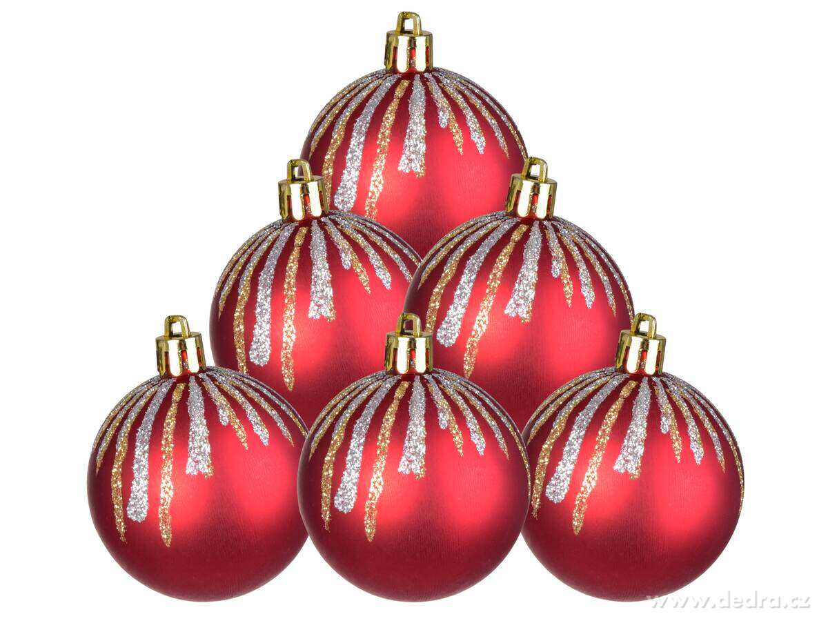 LEDOVÝ SEN, sada ozdob, 6 ks, červené koule se zlato-stříbrným dekorem | Tradiční odstíny Vánoc | Grand Móda