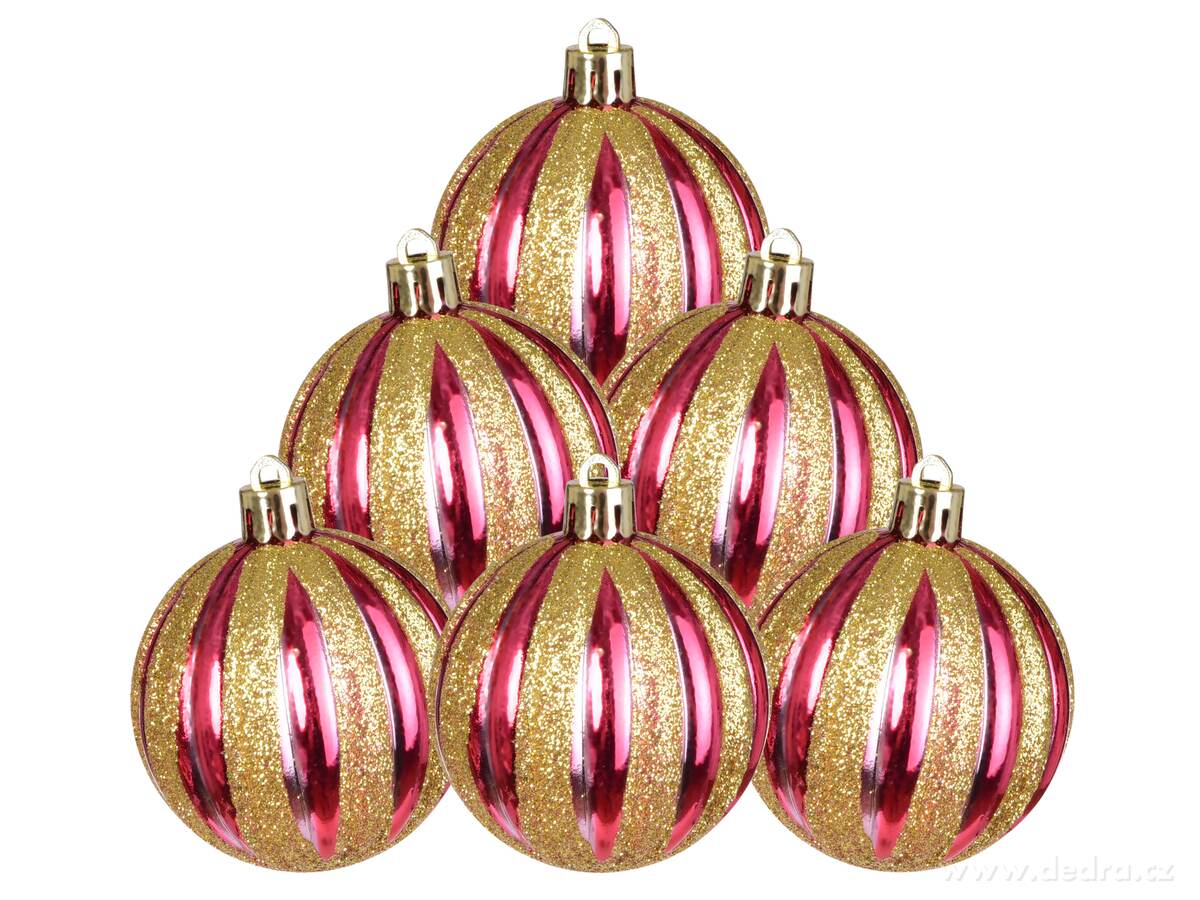 ZLATÉ PRUHY RADOSTI, sada ozdob, 6 ks, červené koule se svislými zlatými pruhy