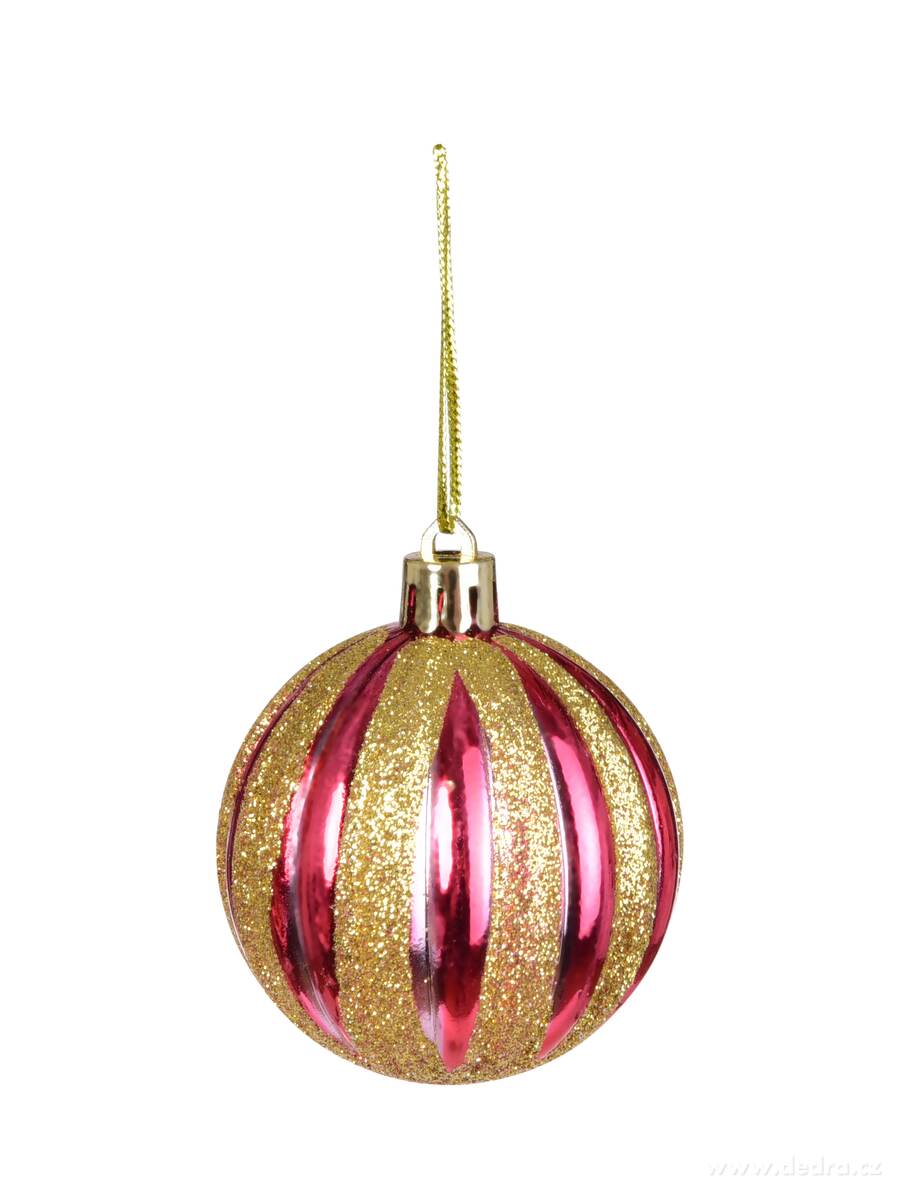 ZLATÉ PRUHY RADOSTI, sada ozdob, 6 ks, červené koule se svislými zlatými pruhy – náhled 2 | Grand Móda