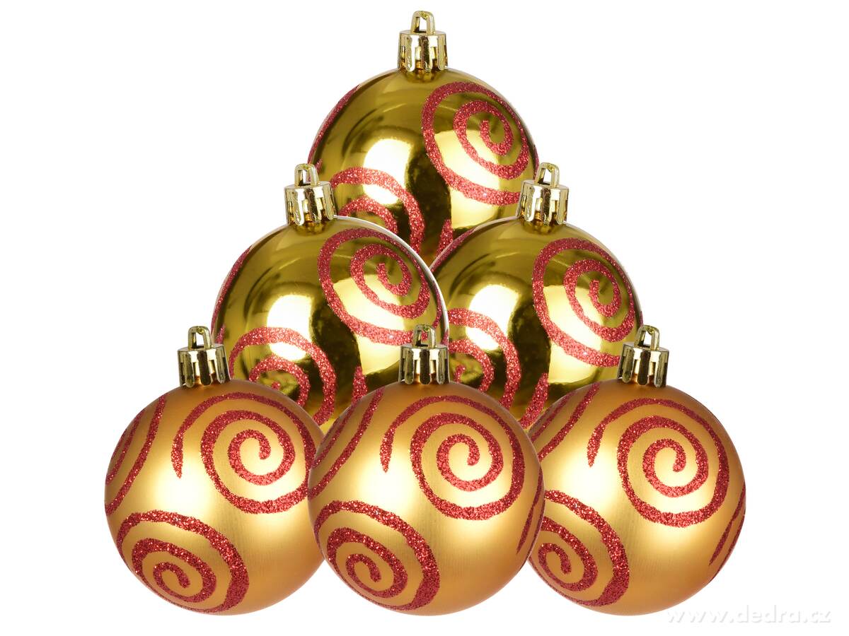ZLATÝ VÍR, sada ozdob, 6 ks, zlaté koule s červenými spirálami | Tradiční odstíny Vánoc | Grand Móda