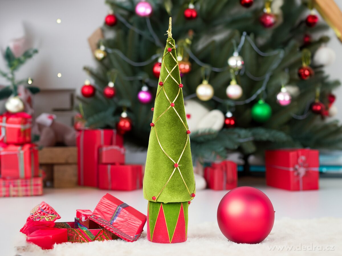 SVÁTEČNÍ HARLEKÝN, velurový kuželový stromek, 55 cm – náhled 3 | Grand Móda