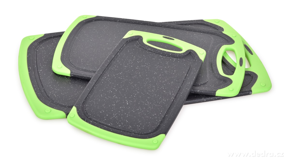 GOURMET, sada 3 oboustranných plastových prkének s protiskluzovým okrajem, zeleno-černá – náhled 2 | Grand Móda
