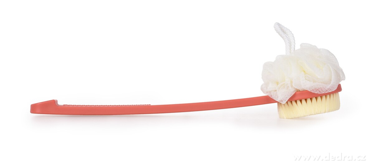 SPA, 2v1 kartáč + puff na mytí zad, oboustranný, dlouhá rukojeť 37 cm, lososový