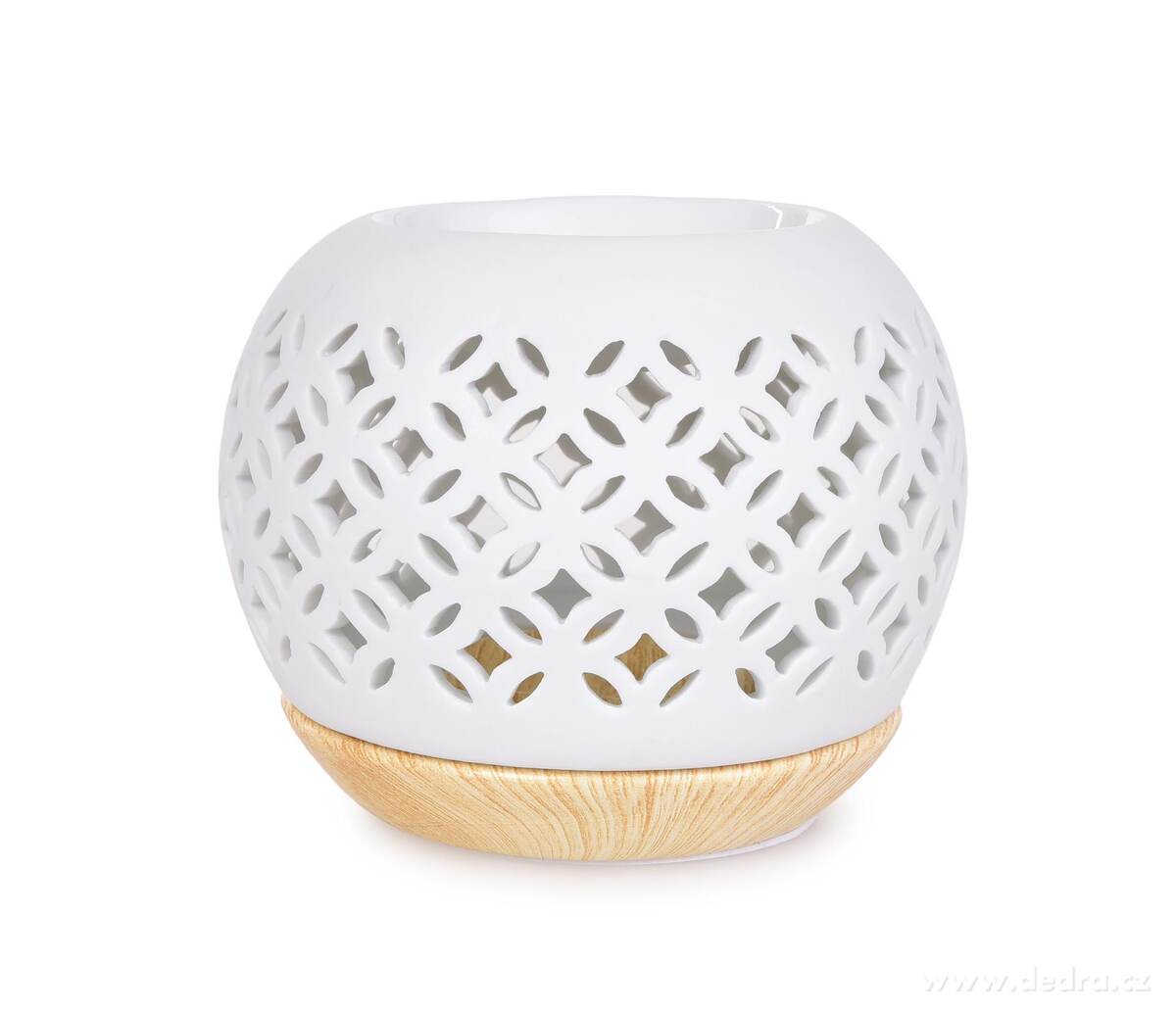 LIGNIA | Kulat├í aromalampa s krajkov├Żm dekorem & d┼Öev─Ťn├Żm podstavcem | matn├í b├şl├í keramika - obr├ízek 2 | Aromalampy | Grand M├│da
