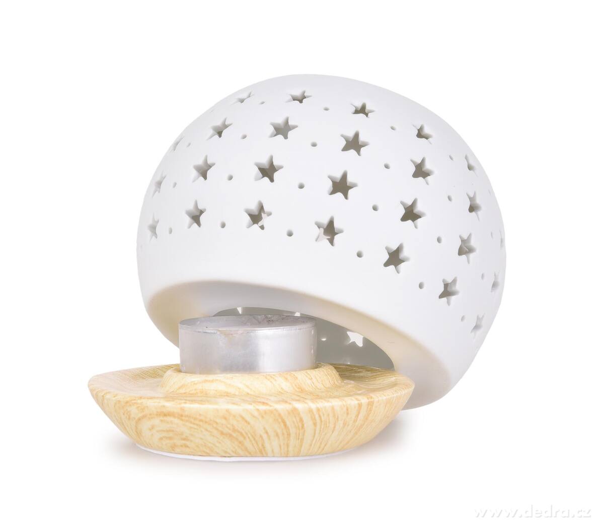 LUCENTA | Kulat├í aromalampa s hv─Ťzdn├Żm dekorem | matn├í b├şl├í glazura & d┼Öev─Ťn├Ż podstavec - obr├ízek 5 | Aromalampy | Grand M├│da