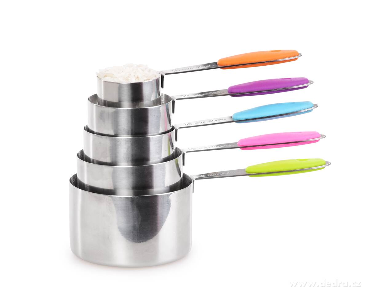 HRNKOMĚRKY, sada 5 nerezových odměrek, Barevné rukojeti pro odměřování na hrnky