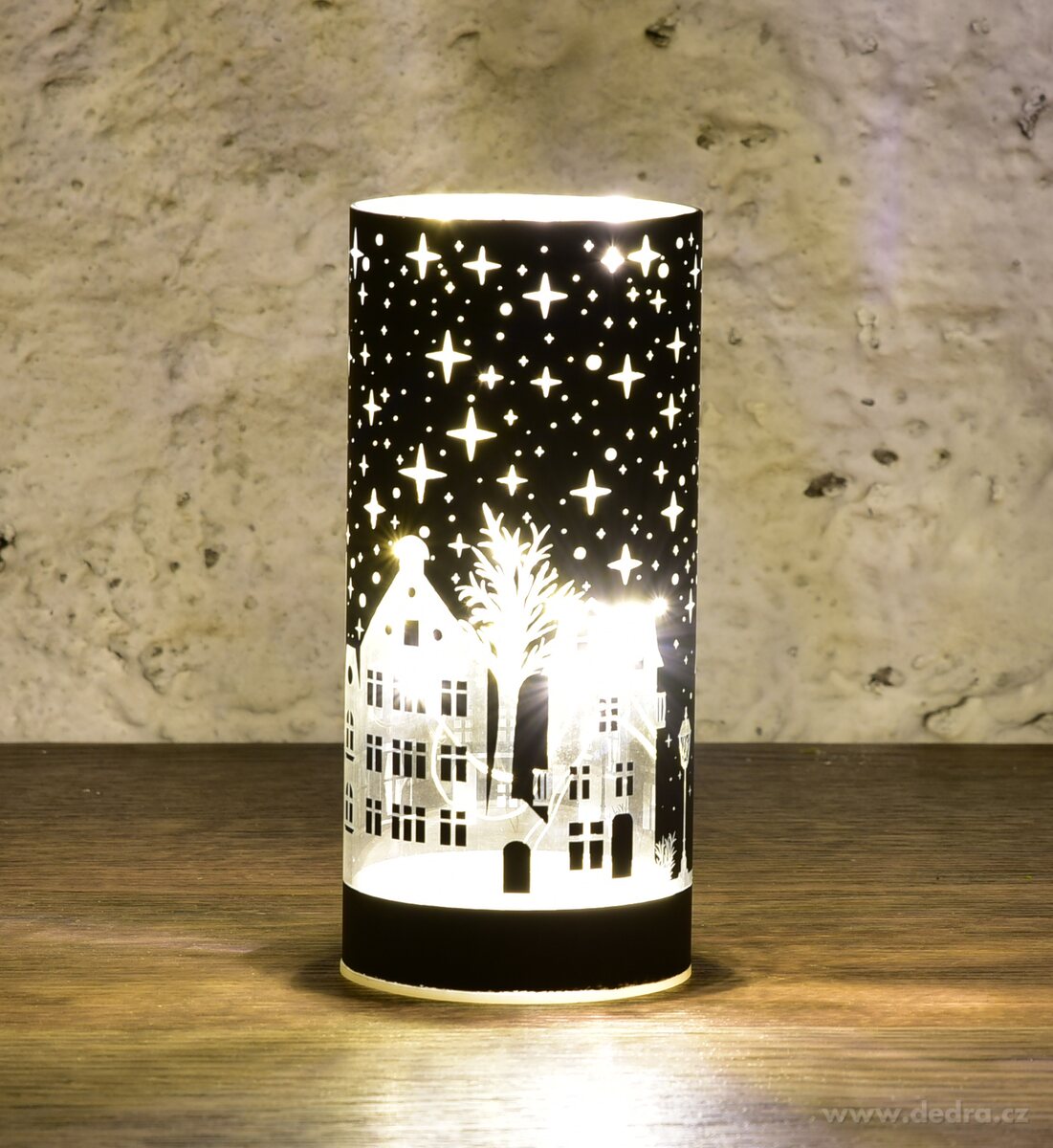 NOČNÍ MĚSTEČKO, LED černý skleněný svícen, 15 cm
