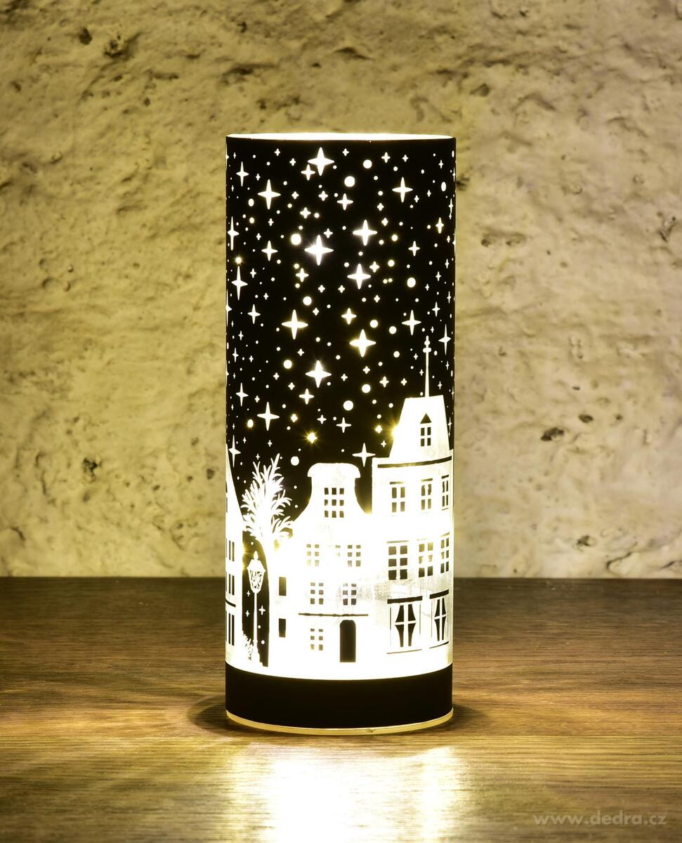 NOČNÍ MĚSTEČKO, LED černý skleněný svícen, 20 cm