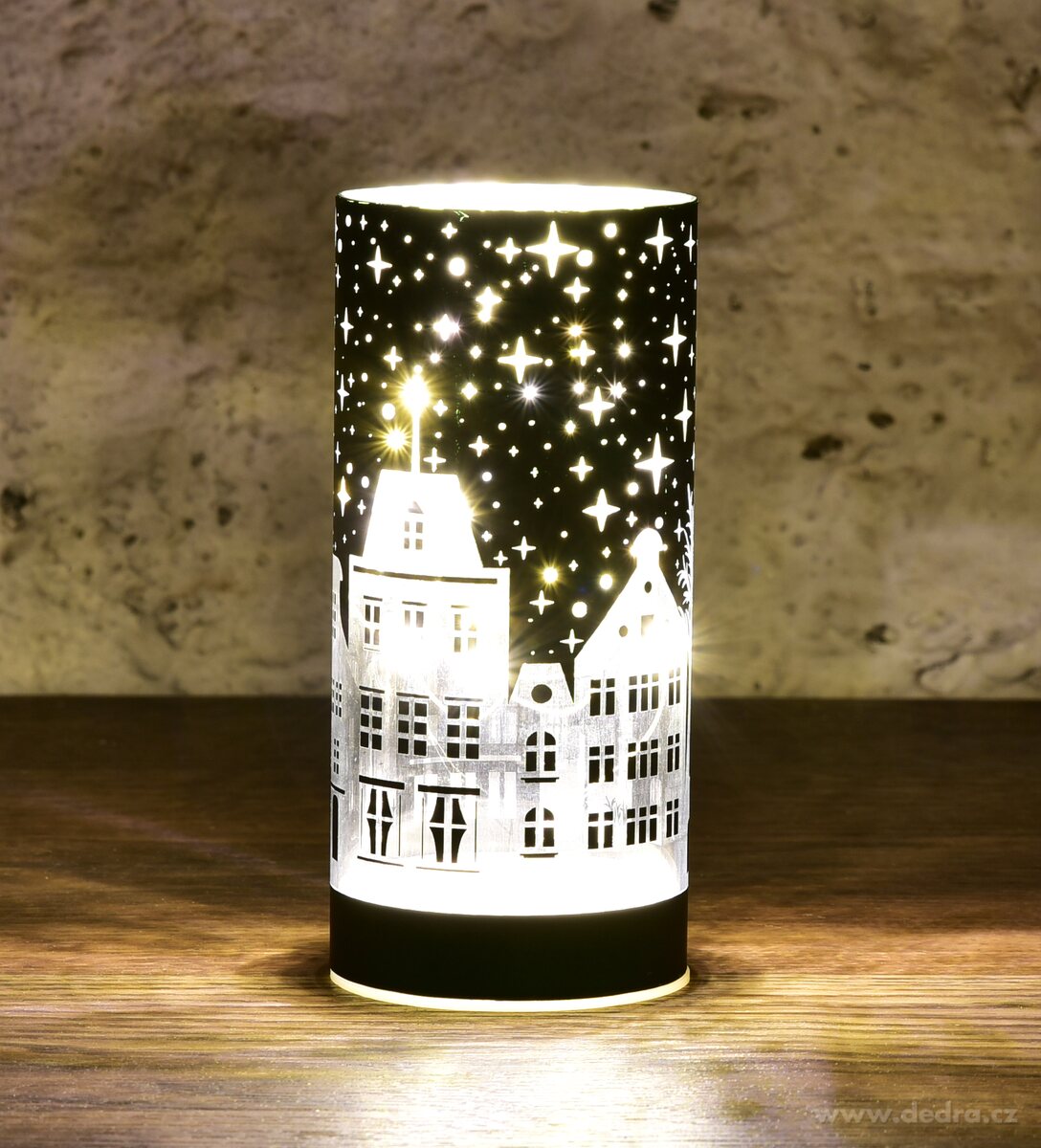 ZIMNÍ MĚSTEČKO, LED skleněný svícen, zelený, 15 cm