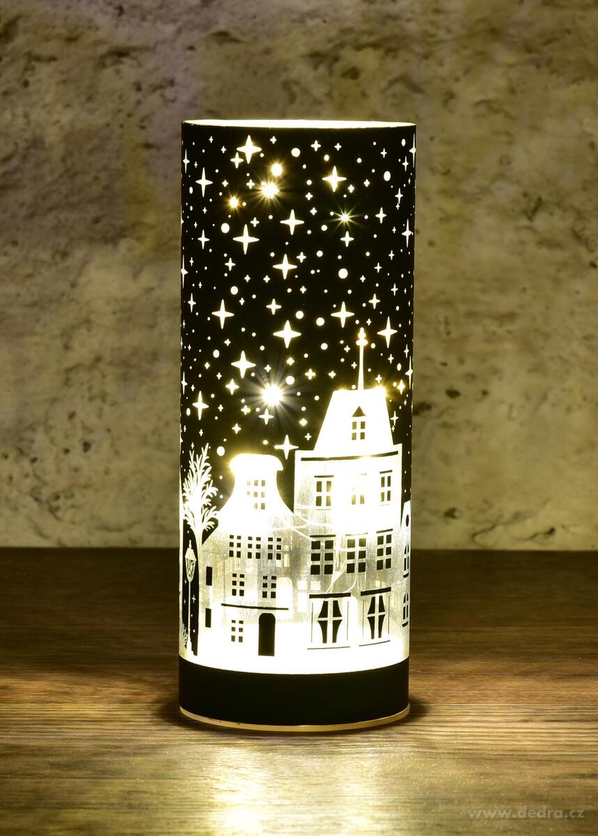 ZIMNÍ MĚSTEČKO, LED skleněný svícen, zelený, 20 cm