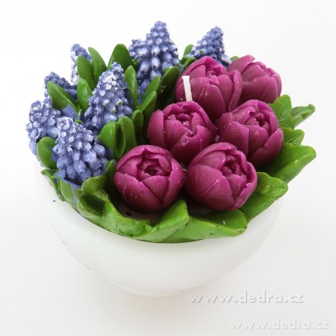 12 cm ručně malovaná dekorativní svíčka, tulipány a modřenec v misce – náhled 3 | Grand Móda