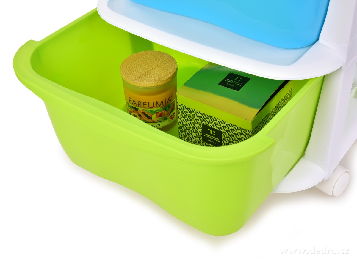 QUATRO, 4patrový regál s výsuvnými boxy a kolečky, úložný plastový organizér, modro-zelený, 79 cm – náhled 2 | Grand Móda