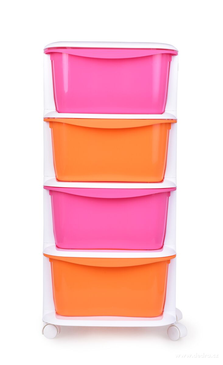 QUATRO, 4patrový regál s výsuvnými boxy a kolečky, úložný plastový organizér, růžovo-oranžový, 79 cm – náhled 2 | Grand Móda