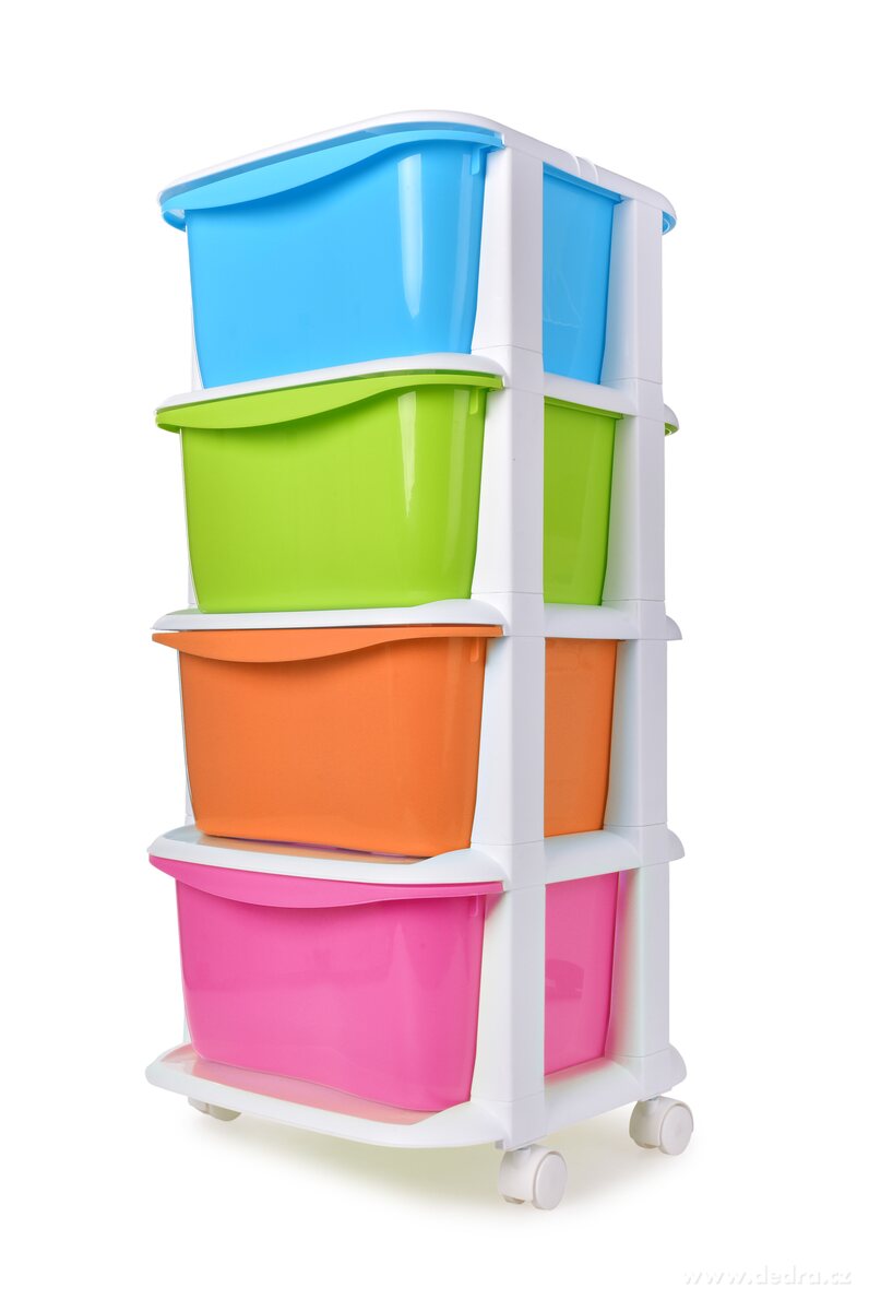 QUATRO, 4patrový regál s výsuvnými boxy a kolečky, úložný plastový organizér, multicolor, 79 cm