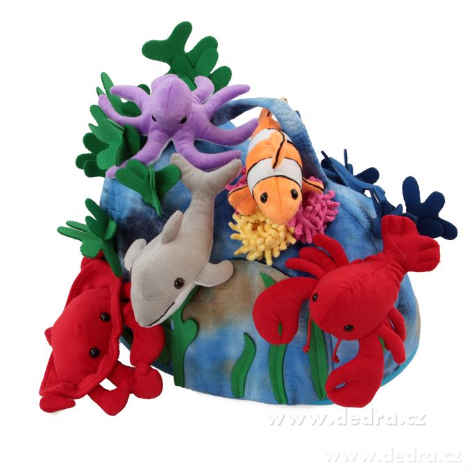 OCEAN FRIENDS, plyšový korálový útes + 5 mořských zvířátek, 36 cm, se zipem & uchem | Dřevďné a plyíové | Grand Móda