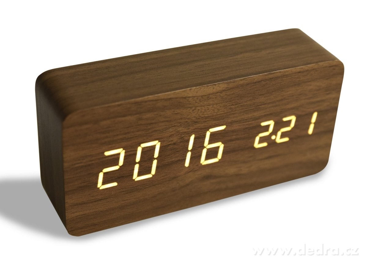 WOODOO CLOCK, Digitální LED dřevěné hodiny s budíkem, čas, datum, teplota, zvukové ovládání – náhled 2 | Grand Móda