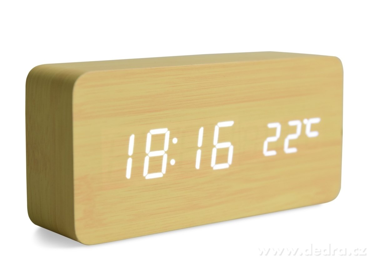 WOODOO CLOCK, Digitální LED dřevěné hodiny s budíkem, čas, datum, teplota, zvukové ovládání – náhled 2 | Grand Móda