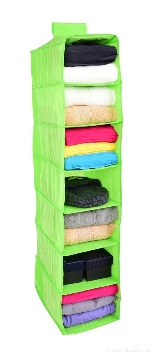 PRAKTIK, Závěsný úložný organizér na oblečení, 7 přihrádek, 80 cm, zelený | Vďíáky a ramínka | Grand Móda