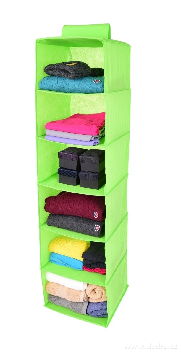 PRAKTIK, závěsný úložný organizér na oblečení, 6 přihrádek na šatní tyč do skříně, 121 cm, zelený | Vďíáky a ramínka | Grand Móda