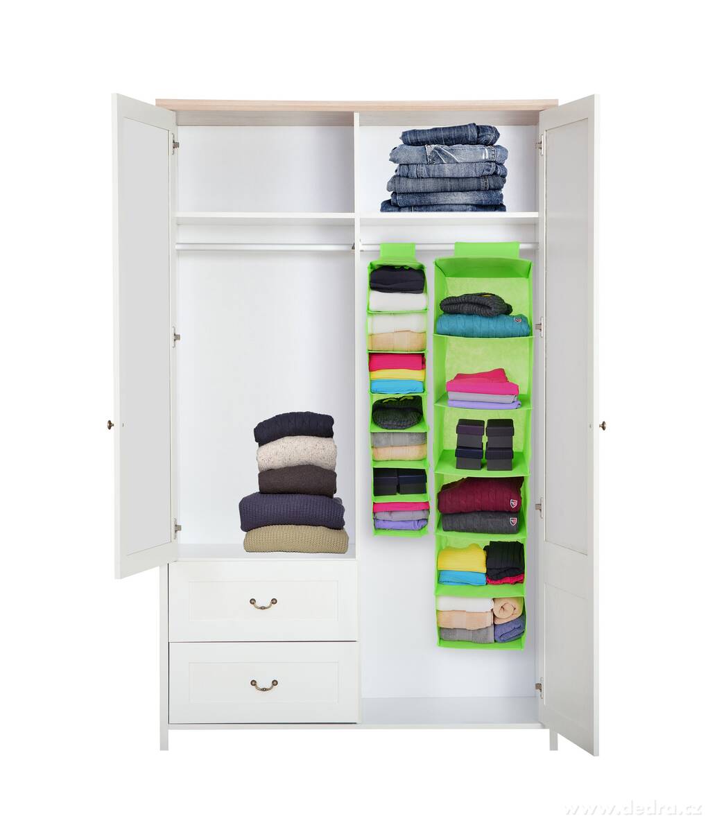 PRAKTIK, závěsný úložný organizér na oblečení, 6 přihrádek na šatní tyč do skříně, 121 cm, zelený – náhled 2 | Grand Móda