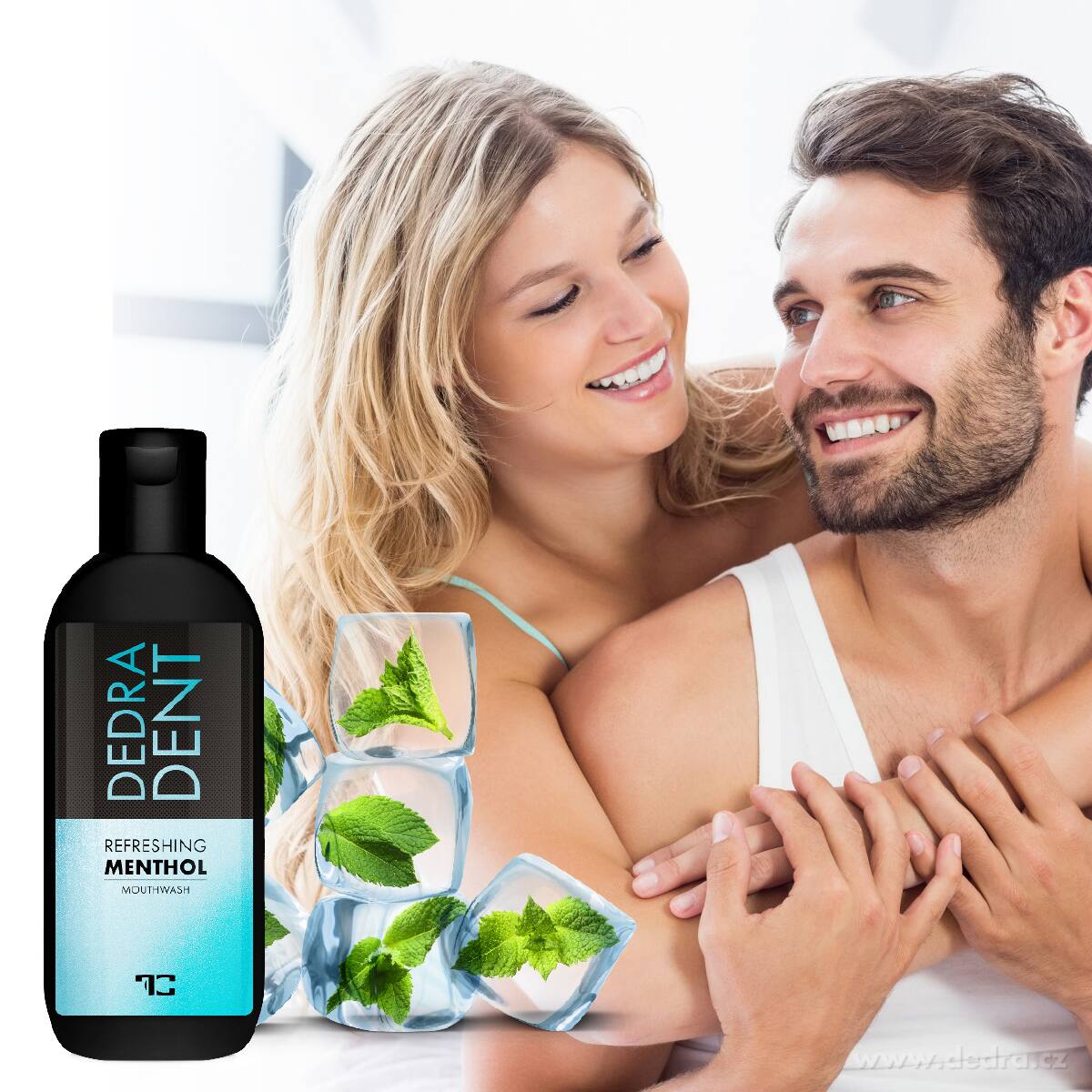 DEDRA DENT, přírodní bylinná ústní voda REFRESHING MENTHOL s kyselinou hyaluronovou & stévií, hydratace & svěží dech – náhled 2 | Grand Móda