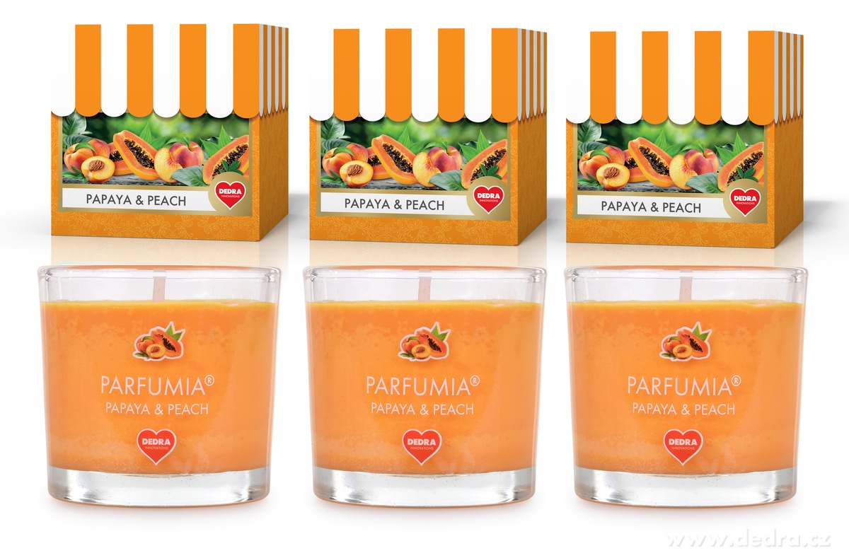 PAPAYA & PEACH, sada 3 votivních svíček, PARFUMIA®, 3×55 ml